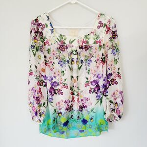 Vanessa Virginia Anthropologie colorful floral silk square neck blouse size 6